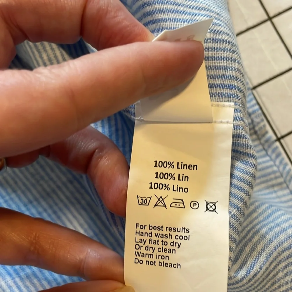 Peter Millar linen shirt, medium, blue & white stripe with subtle leaf print - Picture 6 of 8